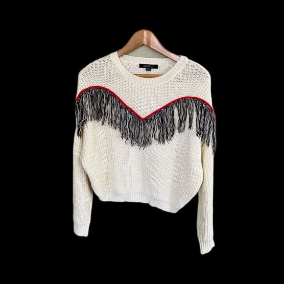 Heart Soul Sweaters - HeartSoul fringe detailed sweater ribbed knit ivory off white western boho sz S